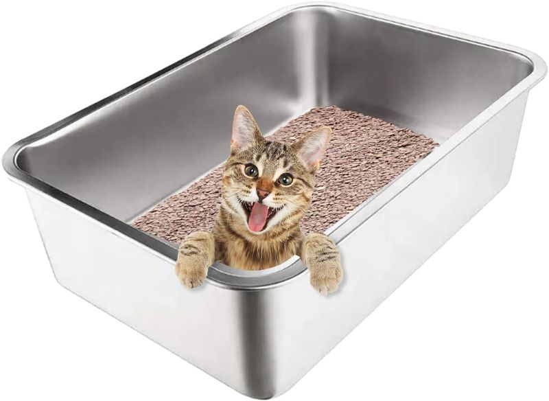 Photo 1 of Stainless Steel Cat Litter Box With High Sides - Never Absorbs Odor, Stains or Rusts - Non Stick Smooth Surface For Cats and Rabbits
