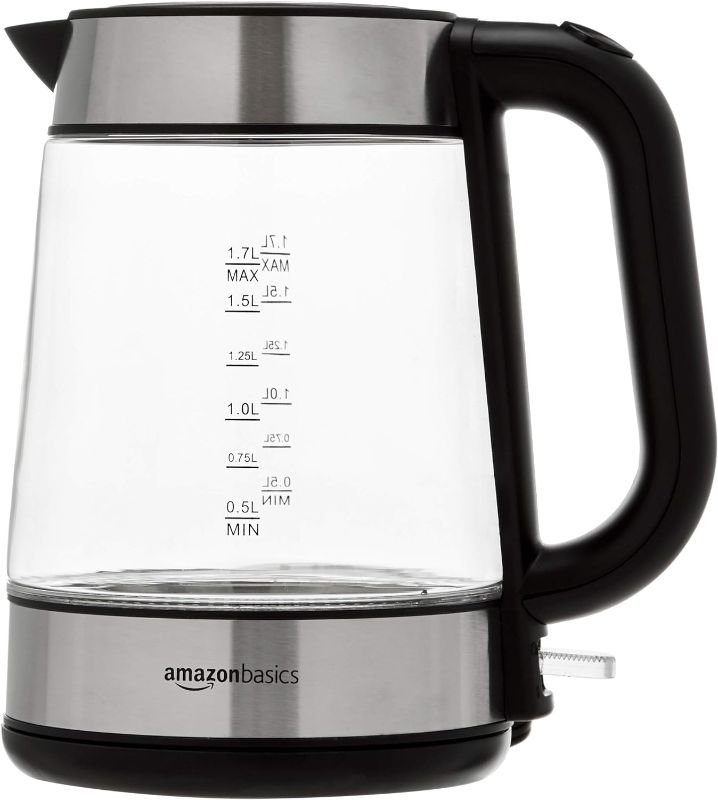 Photo 1 of Amazon Basics Electric Glass and Steel Hot Tea Water Kettle, 1.7-Liter, Black and Sliver
