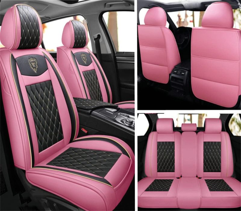 Photo 1 of Car Seat Covers Full Set, Super Luxurious Heavy Duty Waterproof Leather Automotive Vehicle Cover for Cars SUV Pick-up Truck, Universal Non-Slip Seat Black Pink Car Accessories (Full Set/Pink)