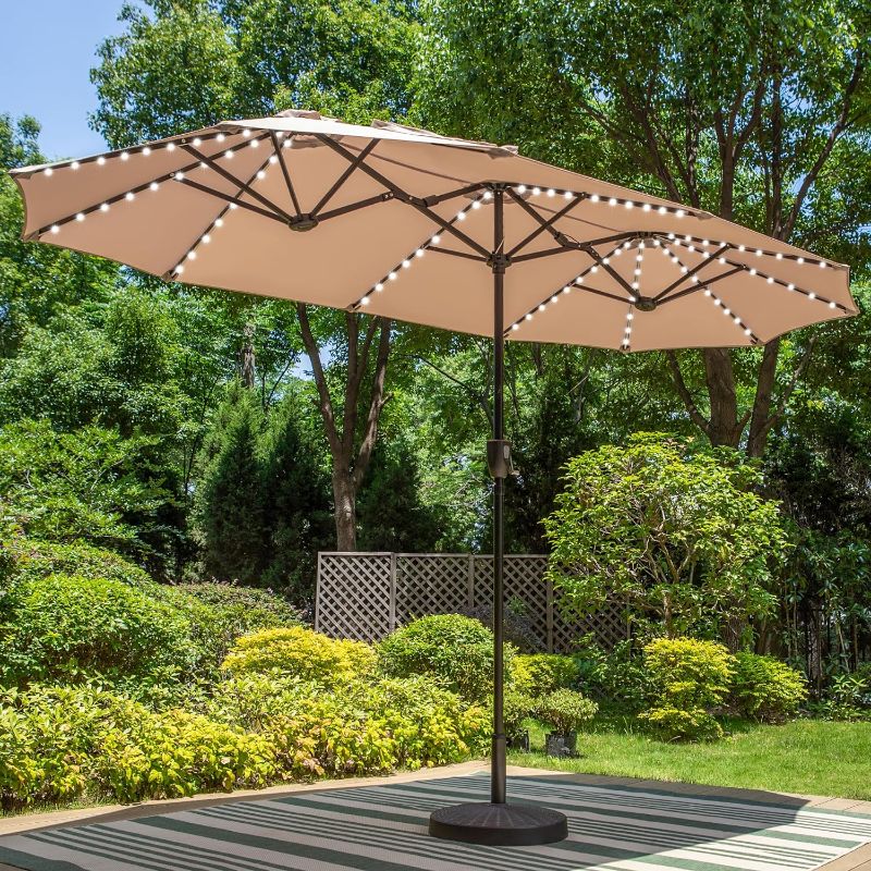 Photo 1 of PHI VILLA 13ft Large Patio Umbrella with Solar Lights, Double-Sided Outdoor Market Rectangle Umbrella with 120 PCS LED Lights, Beige (No Base)
