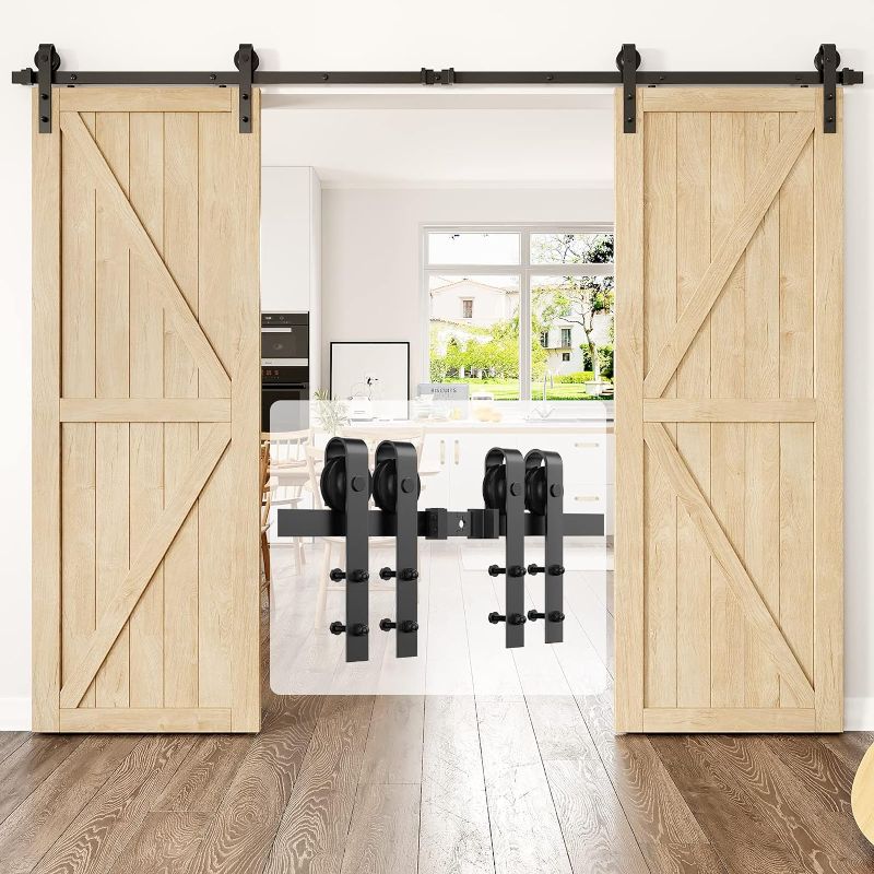 Photo 1 of 10ft Heavy Duty Sturdy Sliding Barn Door Hardware Kit Double Door - Smoothly and Quietly-Easy to Install - Fit 1 3/8-1 3/4 inch Thickness Door Panel(Black)(J Shape Hangers)
