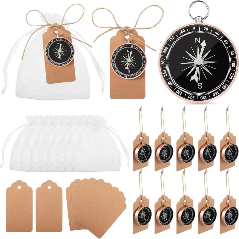 Photo 1 of 20 Pcs Compass Wedding Favors Set Mini Compass Souvenir Present Nautical with Kraft Tags and White Organza Bag for Guests Birthday Wedding Nautical Travel Party Souvenir Gift Favors (Rose Gold)
