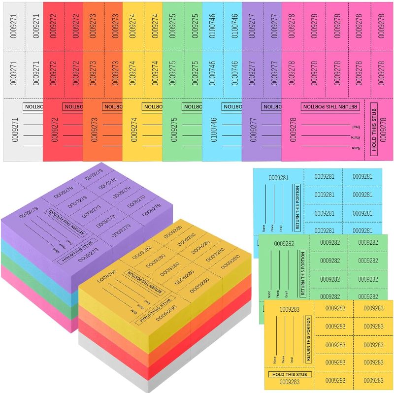 Photo 1 of 1000 Sheet 10 Bid Raffle Tickets Chinese Auction Tickets Sheets Auction Fundraiser Ticket Numbered with Name and Phone Number Per Sheet Raffle Tags for Silent Auction(Multicolor)