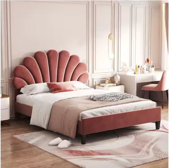 Photo 1 of Bean Paste Red Wood Frame Upholstered Full Size Platform Bed with Flower Pattern Velvet Headboard
