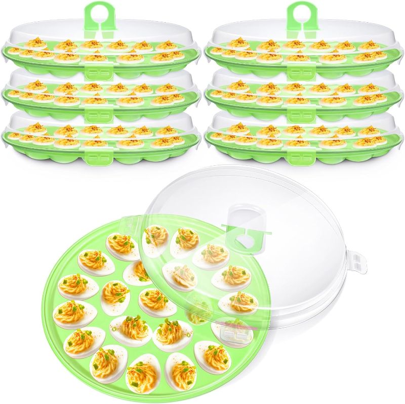 Photo 1 of 6 Pcs Deviled Egg Carrier with Lid 22 Slots Deviled Egg Tray Holder Containers Round 12 Inch Egg Platter for Deviled Eggs Plastic Egg Keeper for Home Refrigerator Kitchen Supplies (Green)