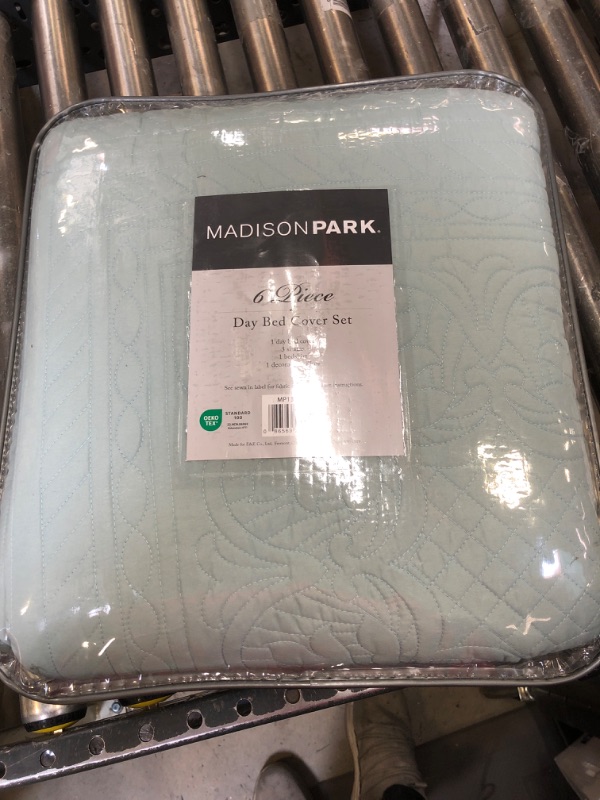 Photo 2 of Madison Park Daybed Cover Set-Trendy Damask Quilting with Scalloped Edges All Season Luxury Bedding with Bedskirt, Matching Shams, Decorative Pillow, 75"x39", Tuscany Seafoam, 6 Piece 75"x39" Tuscany Seafoam