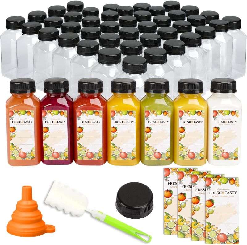 Photo 1 of TOMNK 100pcs 8oz Empty Plastic Juice Bottles with Caps, Reusable Clear Bulk Beverage Containers with Label, Funnel and Brush for Juicing, Milk, Smoothie, Drinking, Beverages
