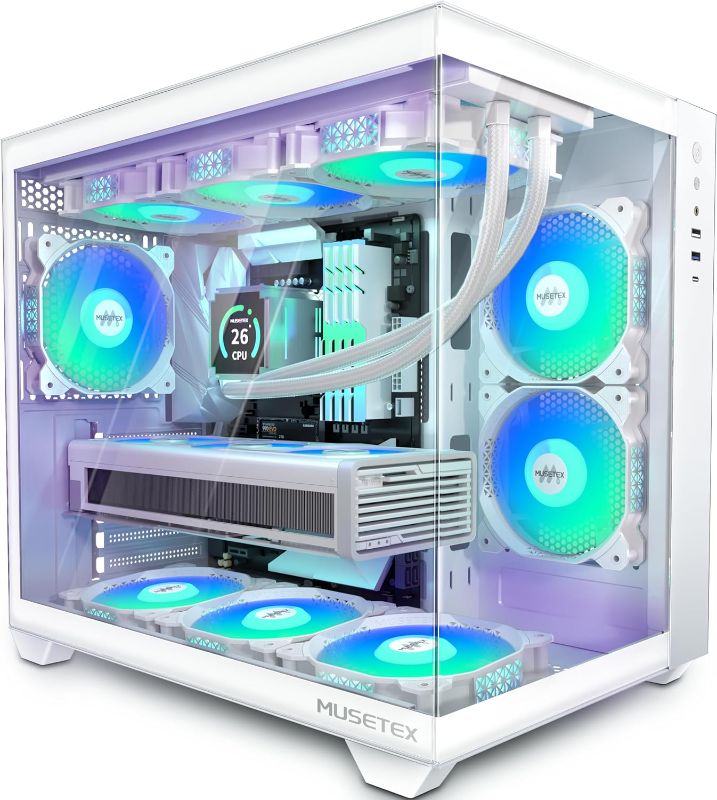 Photo 1 of MUSETEX ATX PC Case, 6 PWM ARGB Fans Pre-Installed, 360MM RAD Support, Type-C Gaming PC Case, 270° Full View Tempered Glass Mid Tower, Pure White ATX Computer Case,Y6
