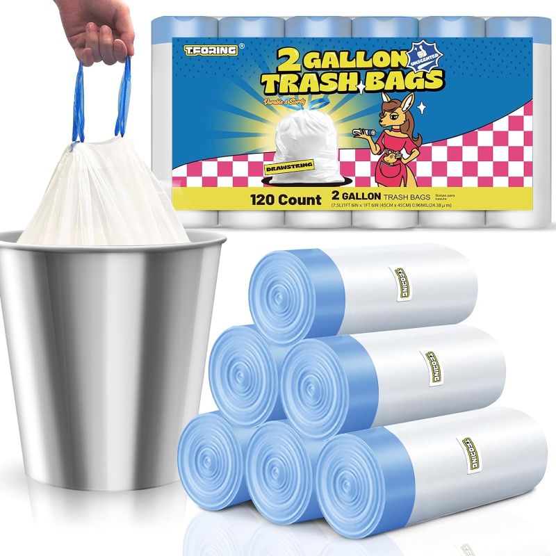Photo 1 of 2 Gallon Trash Bags Drawstring 0.96 Mil - 120 Count Small Garbage Bags Unscented,White Mini Trash Can Liners Strong Little Waste Basket Bags 7.5 Liter for Home Bathroom Office Car
