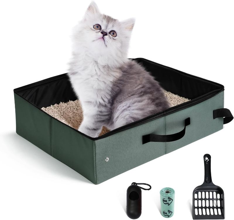 Photo 1 of Portable Litter Box Without lid, Leak-Proof Travel Litter Box for Cat, Collapsible Cat Litter Box 16x12x4.3inches Great for Travel Hotel Stays and Road Trip (Olive Gray, Medium)
