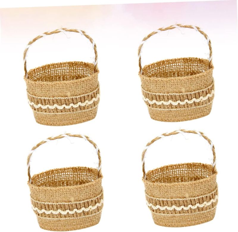 Photo 1 of 4pcs Wedding Linen Basket, Rustic Burlap Flower Girl Basket, Candy Storage Holder
