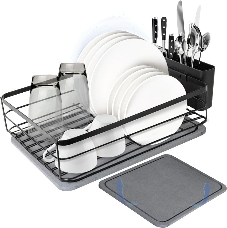 Photo 1 of Self-Drying Dish Drying Rack with Stainless Steel Metal and Water-Absorbing Diatomaceous Stone Base, Place It Anywhere in Your House, No More Yucky Buildup Under Rack, USA Brand and Design
