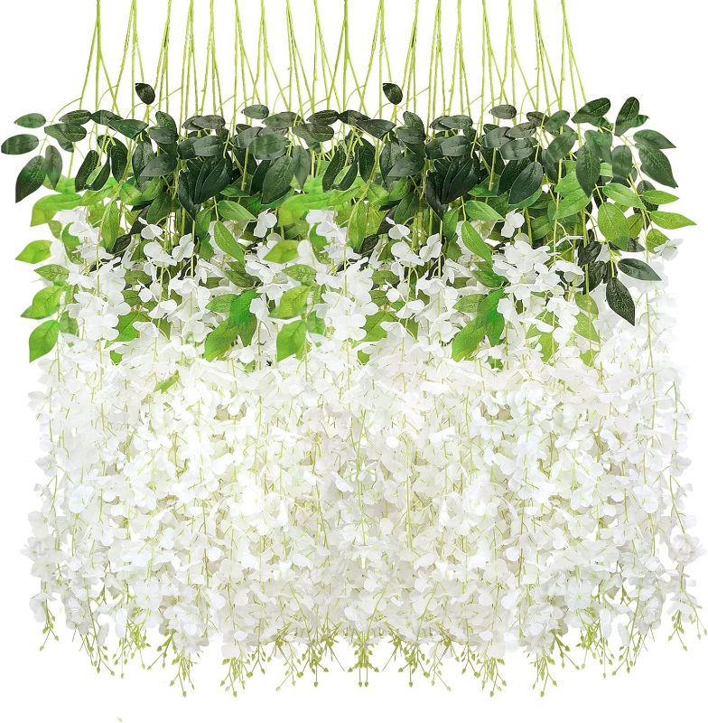 Photo 1 of CEWOR 18 Pack Wisteria Hanging Flowers 3.7 Feet Artificial Flowers Fake Wisteria Vine Hanging Garland Silk Flowers String for Wedding Party Home Greenery Wall Decor (White)
