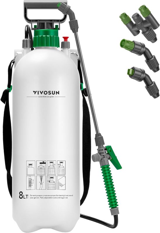 Photo 1 of VIVOSUN 2.1 Gallon Pump Pressure Sprayer, 8L Pressurized Lawn & Garden Water Spray Bottle with 3 Water Nozzles, Adjustable Shoulder Strap, Pressure Relief Valve, for Plants and Cleaning
