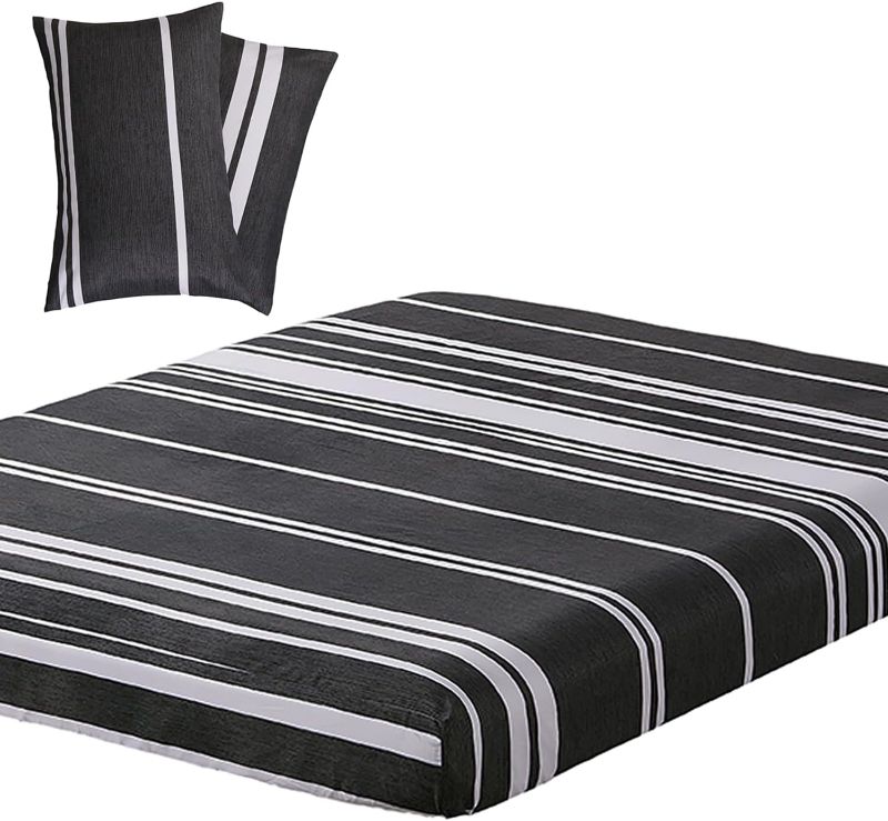Photo 1 of Vaulia Soft Microfiber Deep Pocket Fitted Sheet Set, Print Stripes Pattern Design 3 Piece (1 Fitted Sheet 2 Pillowcases) Black Color, Twin
