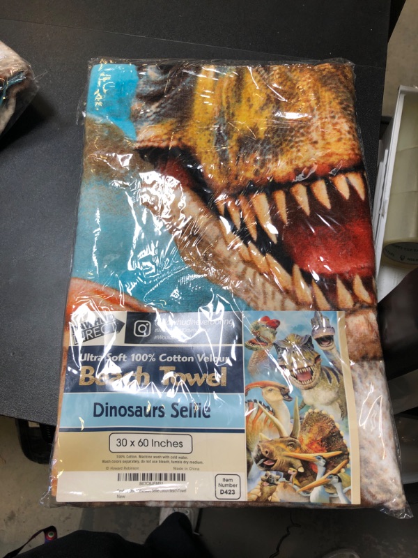 Photo 2 of Dawhud Direct Dinosaur Beach Towel - Swimming Pool Towel for Boys or Girls - Kids Bath Towels - Dinosaur, T-Rex Selfie Towel Print for Toddler - Super Soft Plush Cotton - Machine Washable (30" X 60") Dinosaurs Selfie