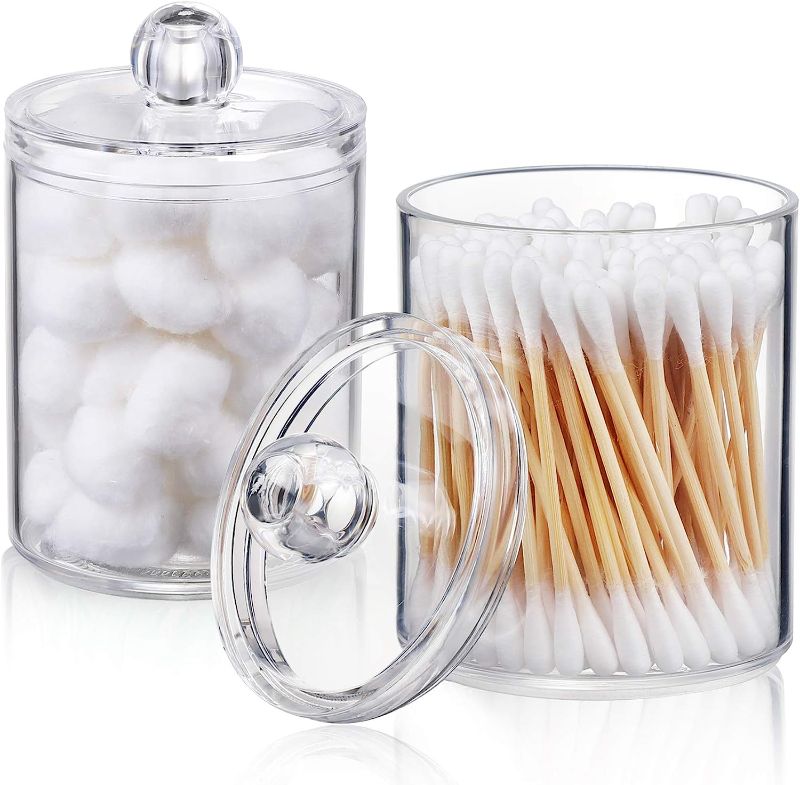 Photo 1 of 2 Pack Qtip Holder Dispenser for Cotton Ball, Cotton Swab, Cotton Round Pads, Floss - 10 oz Clear Plastic Apothecary Jar Set for Bathroom Canister Storage Organization, Vanity Makeup Organizer
