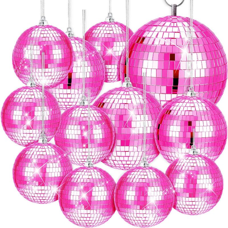 Photo 1 of 12 Pack Disco Ball Mirror Ball with Hanging Ring for Fun Retro Disco Party Decorations Party DJ Lighting Effect Stage Props Game Accessories, 5.91 Inch, 3.94 Inch, 3.15 Inch, 2.36 Inch (Pink) ----- SMALL