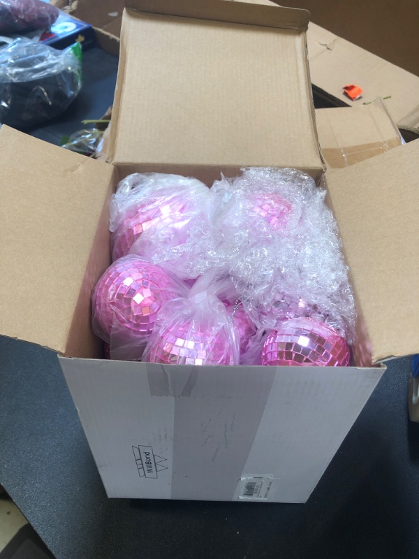 Photo 2 of 12 Pack Disco Ball Mirror Ball with Hanging Ring for Fun Retro Disco Party Decorations Party DJ Lighting Effect Stage Props Game Accessories, 5.91 Inch, 3.94 Inch, 3.15 Inch, 2.36 Inch (Pink) ----- SMALL