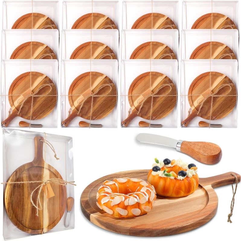 Photo 1 of 12 Set Acacia Wood Round Cutting Board with Knife for Mother Day Bridal Shower Party Favors Charcuterie Boards Bulk Cheese Board Set with Gift Box and Cards for Guests Prizes Wedding Party
