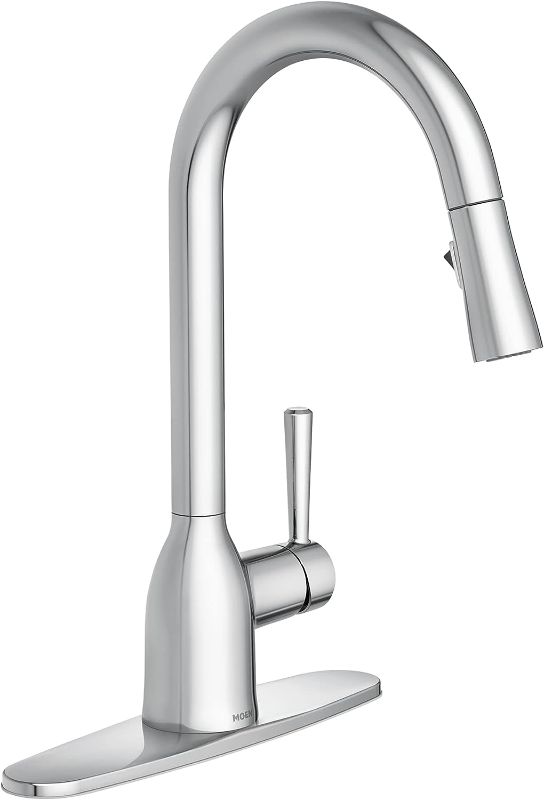 Photo 1 of Moen Adler Chrome One-Handle High Arc Kitchen Sink Faucet with Power Clean, Modern Kitchen Faucet with Pull Down Sprayer, 87233
