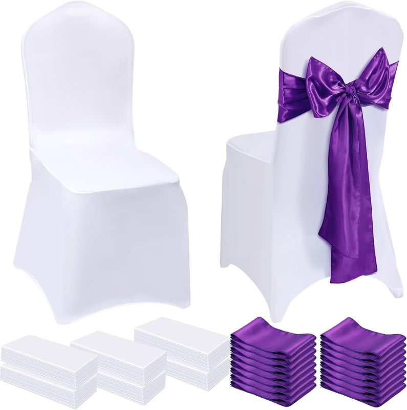 Photo 1 of 100 Pcs Wedding Chair Covers 50 Stretch Spandex Chair Covers with 50 Decorative Elastic Chair Sash Silk Chair Bows for Wedding Banquet Dining Kitchen Party Decoration(Purple, White)
