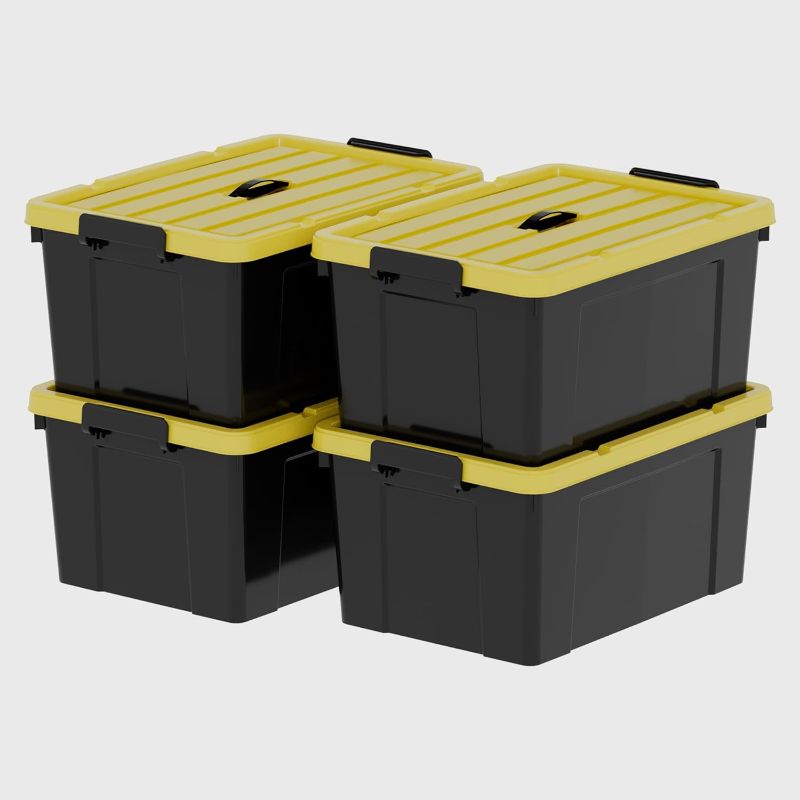 Photo 1 of 72Qt*4 Durabilt Flip Lid Stackable Heavy Duty Tough Storage Container Tote, Plastic Storage Bins, Storage Box, Black Base with Yellow Lid (4 Pack)
OPEN BOX ITEM 