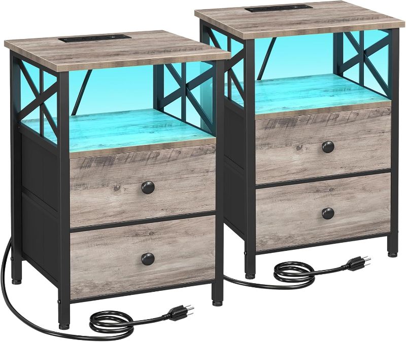 Photo 1 of AMHANCIBLE Night Stand Set 2, LED Nightstands for Bedroom Set of 2 with Charging Station, End Table with USB Port and Outlet, Side Table with 2 Storage Drawers for Living Room, Greige, HET052LGY
