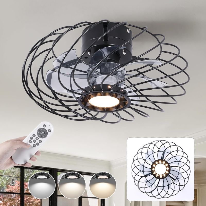 Photo 1 of 15" Ceiling Fans with Lights and Remote, Flush Mount Bladeless Industrial Ceiling Light, Dimmable LED, Black Caged Low Profile Farmhouse Small Ceiling Fixtures for Kitchen Bedroom
