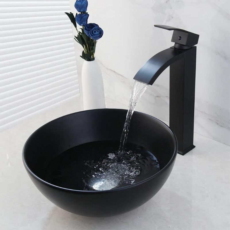 Photo 1 of 13" Black Bathroom Ceramic Vessel Sink With Faucet And Drain Combo Above Countertop Round Bowl Sink Waterfall Faucet Mixer Tap Set
