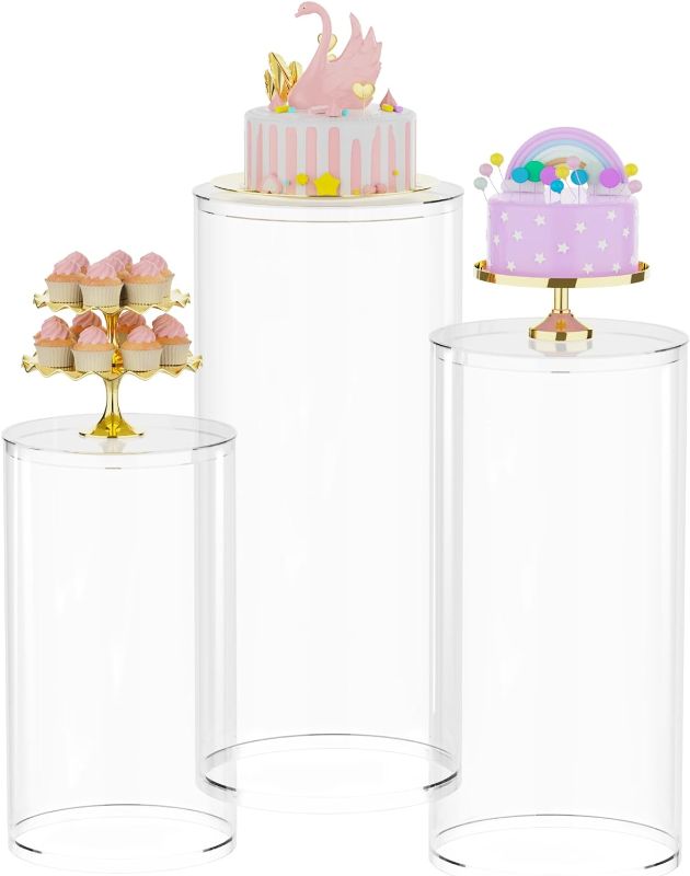 Photo 1 of Asee'm Cylinder Pedestal Stands 3PCS Display Round Decor Backdrop Dessert Table Pillars for Party Birthday Wedding Props Baby Shower Event Decoration
