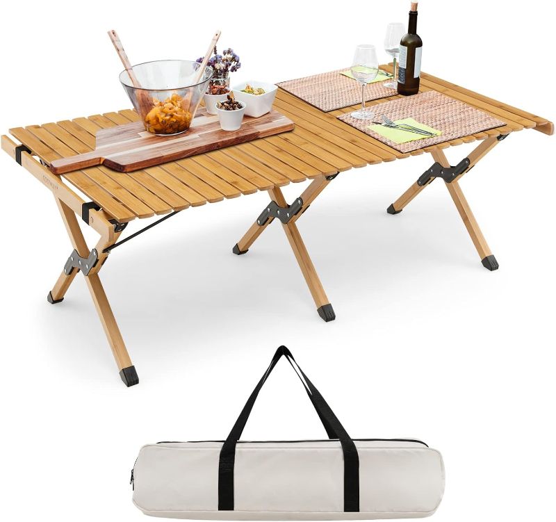 Photo 1 of  Folding Picnic Table 4 ft Low Lightweight Camping Table Portable Collapsible Foldable Roll up Carbon Steel Camp Side Table with Carry Bag for Beach Party Patio Outdoor(Yellow Wood Color)