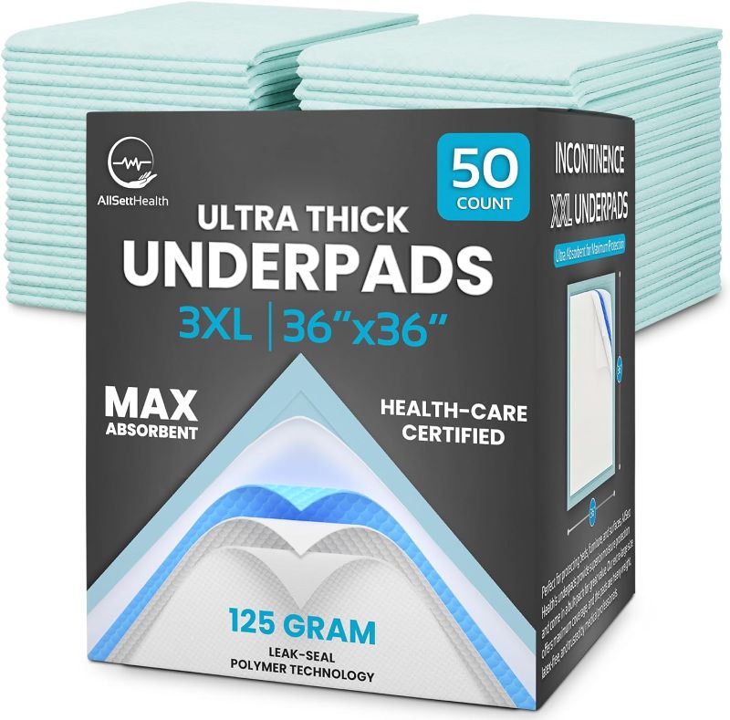 Photo 1 of 125 Gram Incontinence Bed Pads Disposable for Adults 50 Pack XXL 36" x 36" Super Absorbent Waterproof Bed Liner, Pee Pads for Adults - Chucks Pads
