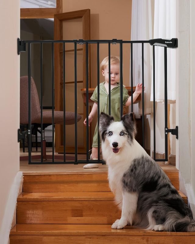 Photo 1 of Babelio 26-43" No Bottom Bar Baby Gate for Babies, Elders and Pets, 2-in-1 Hardware Mount Dog Gate for The House, Stairs and Doorways, Safety Pet Gates with Large Walk Thru Door, Iron Black
