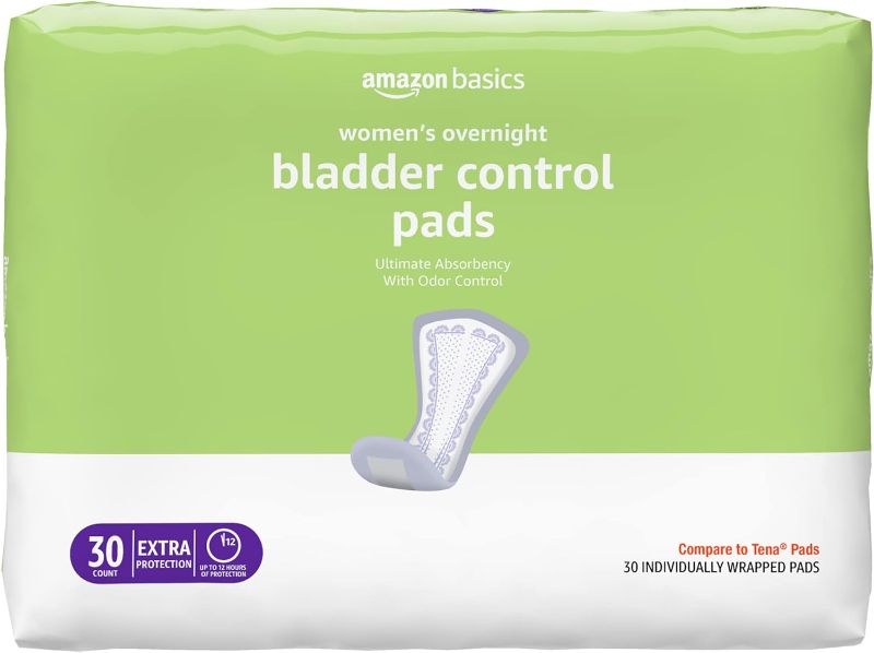 Photo 1 of Amazon Basics Incontinence, Bladder Control & Postpartum Pads for Women, Overnight Absorbency, 30 Count, 1 Pack (Previously Solimo)
