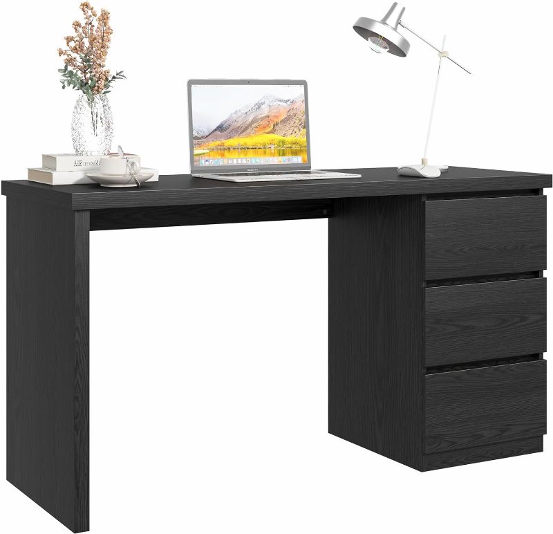 Photo 1 of Computer Desk with drawers, Wood Work Desk, Home Office PC Desk Workstation with Storage, Modern Computer Table for Bedroom, Living Room, 53.5 inches, Black
