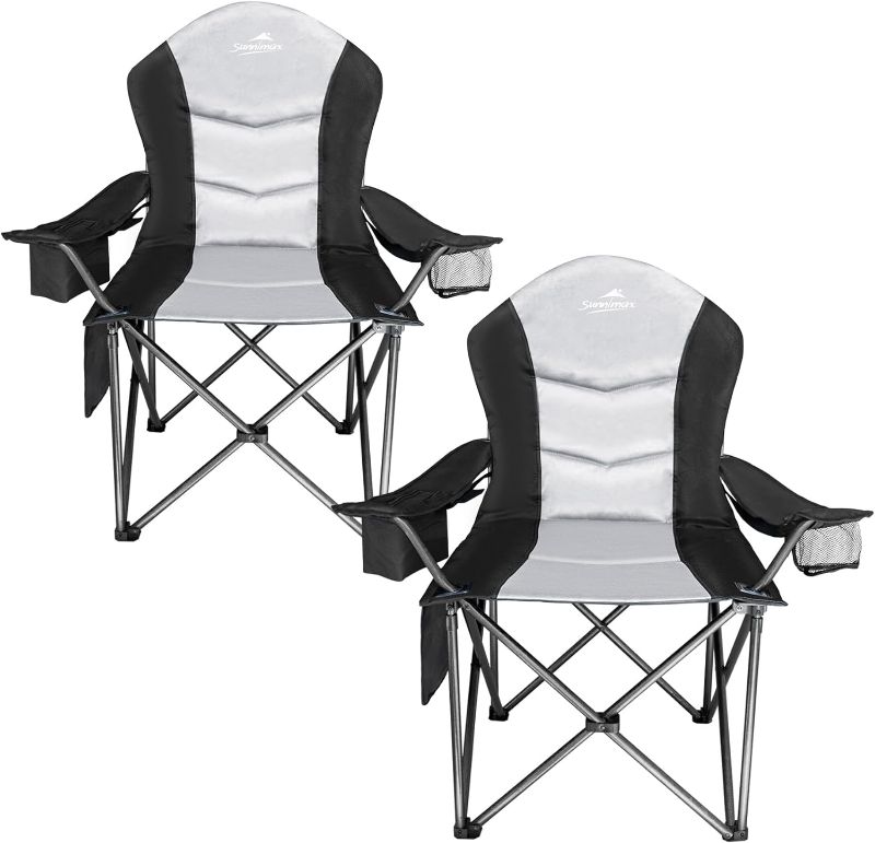 Photo 1 of 2 Pack Oversized Fully Padded Camping Chair, Oversized Heavy Duty Lawn Chair with Cooler Bag,Side Pocket,Cup Holder Support 400 lbs (Black & Grey, Twin Pack)
