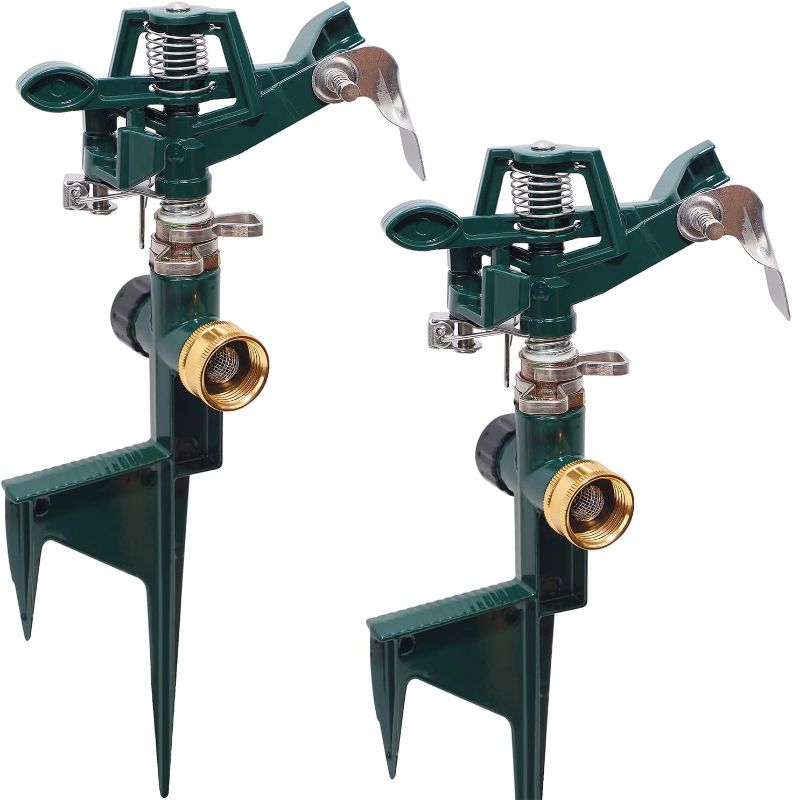 Photo 1 of Biswing 2 Pack Impact Sprinkler Head on Metal Step Spike, Heavy Duty Zinc Alloy Lawn Sprinkler, Adjustable Coverage Nozzle on Sturdy Spike Base, 360 Degree Large Area Irrigation, Green
