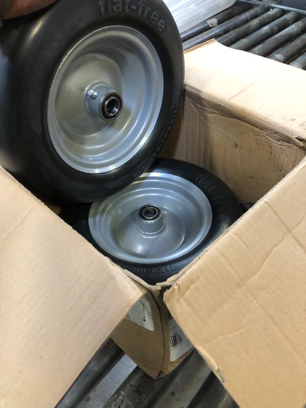 Photo 2 of 11x4.00-5" Lawn Mower Tires, 11x4-5" Flat Free Tires and Wheel, Zero Turn Front Tires, with 3/4" or 5/8" Bearings, 3.4"-4"-4.5"-5" Centered Hub, 11x400-5 Airless Solid Smooth Tires, 2 Pcs
