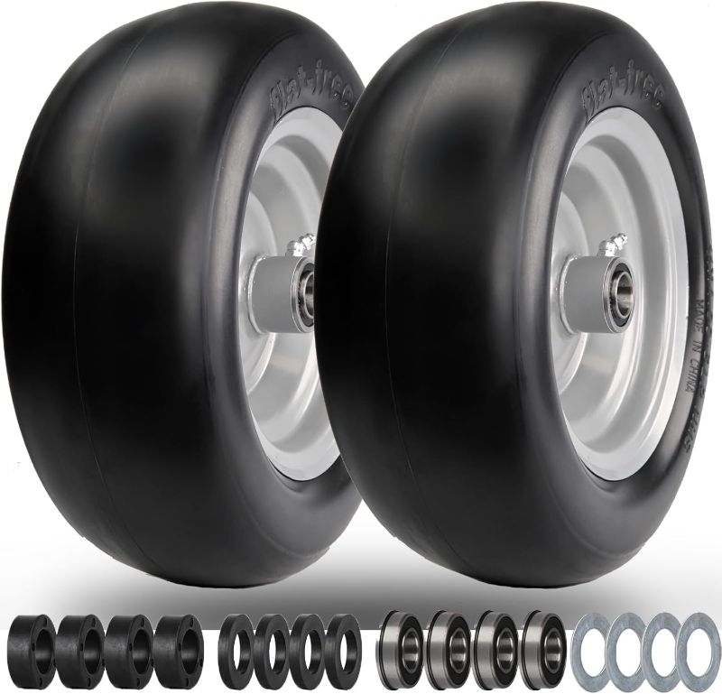 Photo 1 of 11x4.00-5" Lawn Mower Tires, 11x4-5" Flat Free Tires and Wheel, Zero Turn Front Tires, with 3/4" or 5/8" Bearings, 3.4"-4"-4.5"-5" Centered Hub, 11x400-5 Airless Solid Smooth Tires, 2 Pcs
