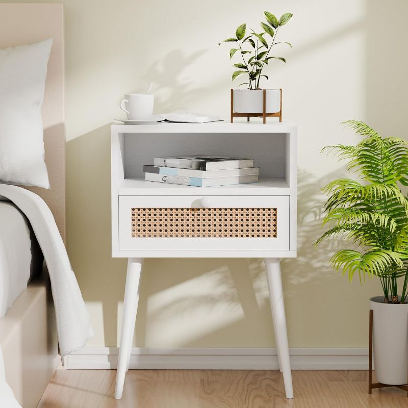 Photo 1 of White Nightstand Bedside Table Small Nightstand with Drawers Rattan Side Table Living Room End Tables Bedroom Wood Mid Century Modern Nightstands