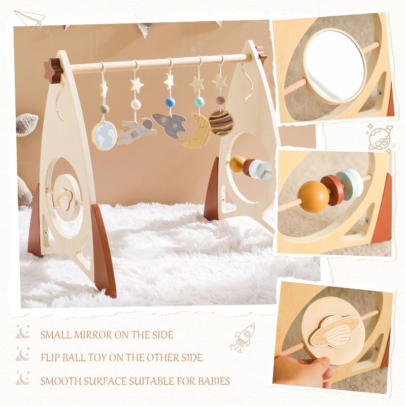 Photo 1 of Wooden Rocket Baby Gym | Adjustable Height Baby Play Gym | Playmat Activity Gym for Baby Girls and Boys | Play Gym Toys Hanging with 5 Pieces Space Theme Baby Wooden Toys