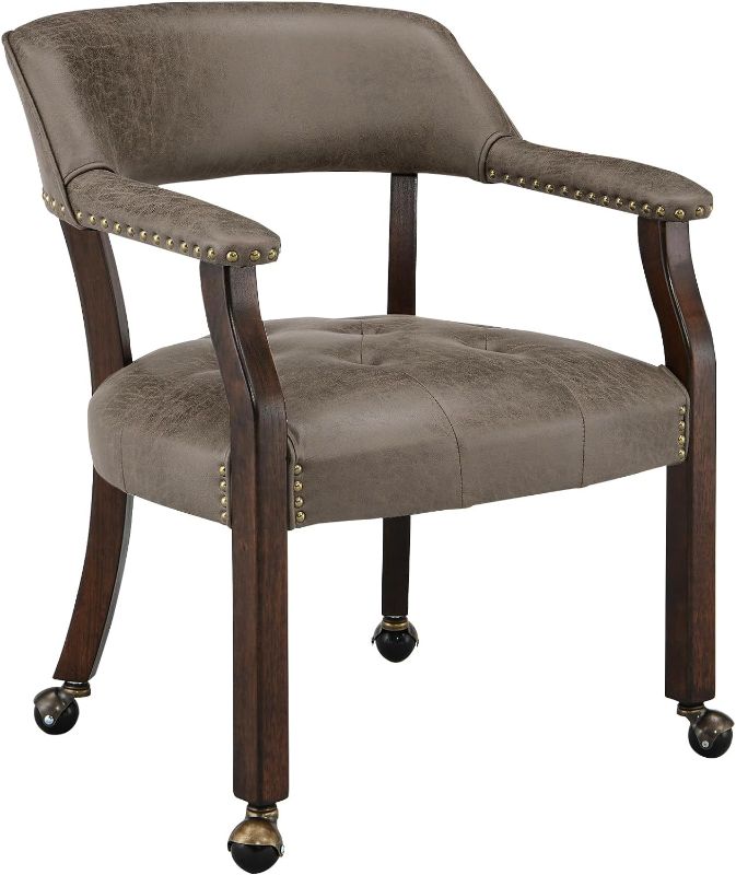 Photo 1 of Dining Chairs with Casters and Arms, Accent Kitchen Table Chairs with Wheels, Roller Poker Table Chairs, Wooden Captains Chair, Espresso Legs & Dark Brown SY-318-DK