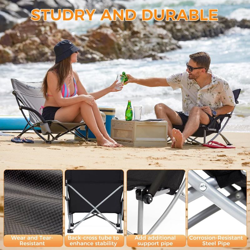 Photo 1 of KingCamp Low Folding Beach Chairs for Adults,Portable Lightweight Lowback Sling Chair with Headrest,Cup Holder,Carry Bag Armrest,Foldable Chair for Sand Camping Concert Travel,300LBS