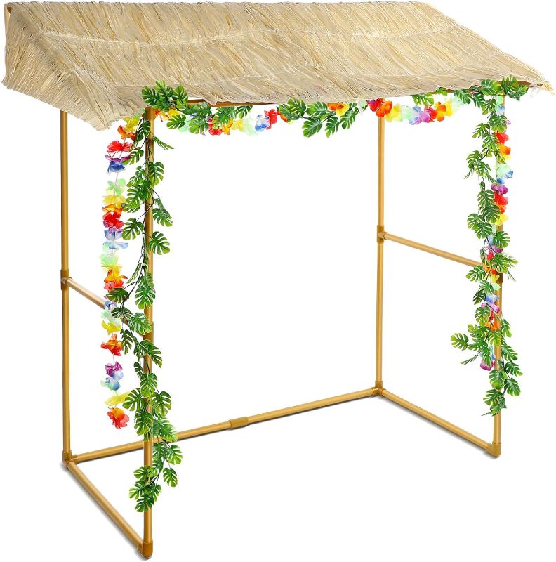 Photo 1 of Jexine Tiki Bar Hut Tropical Tabletop Hut with 2 Pcs Decorative Artificial Monstera Tropical Garland Fake Tropical Jungle Hanging Plants for Summer Hawaiian Luau Beach Pool Party Decorations