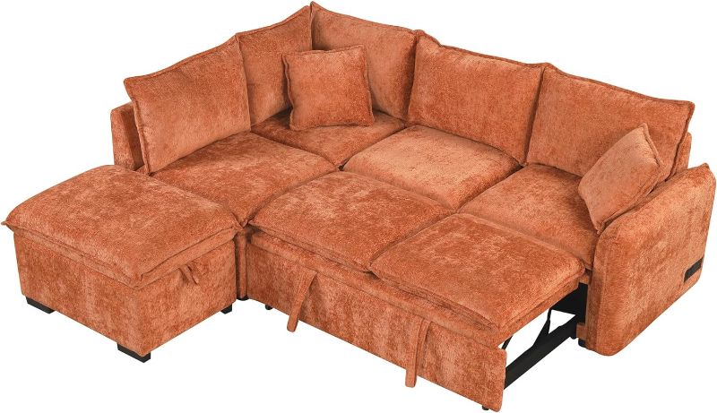 Photo 1 of 82.67"Convertible Sofa Bed Sectional Sofa Sleeper L - 1: orange-foam-chenille-4 seat  - ORANGE 