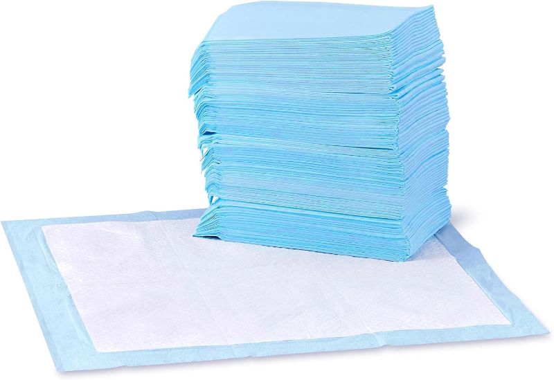 Photo 1 of Amazon Basics Dog and Puppy Pee Pads with Leak-Proof Quick-Dry Design for Potty Training, Standard Absorbency, Regular Size, 22 x 22 Inches, Pack of 150, Blue & White

