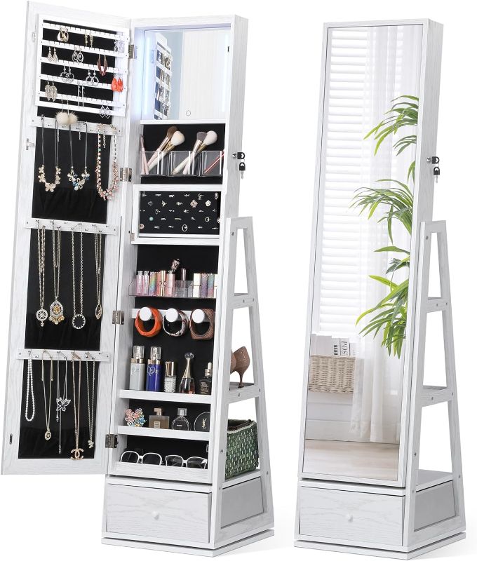 Photo 1 of Nicetree 360° Swivel Jewelry Cabinet with Lights, Touch Screen Vanity Mirror, Rotatable Full Length Mirror with Jewelry Storage, Standing Jewelry Armoire Organizer, Foldable Makeup Shelf, White
