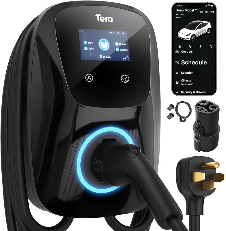 Photo 1 of Tera Electric Vehicle Charger for Tesla: J1772 EVs ETL Energy Star Level 2 48 40 Amp 240 Volt Tesla Home EVSE with Manual Setting Amps Schedule on Unit NEMA 14-50 25 FT Cable W01