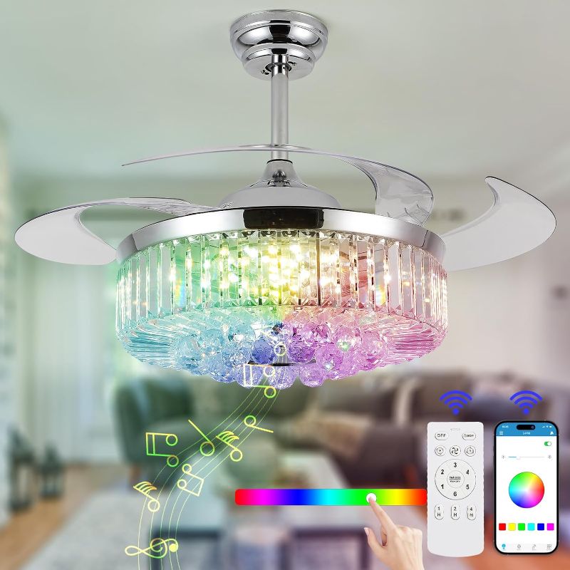 Photo 1 of 48" Crystal Ceiling Fan with Lights and Speaker,Chrome Retractable Ceiling Fans with Remote Control Bluetooth,RGB Fandelier Chandelier Fan with 6-Speed Reversible Blades,APP Control